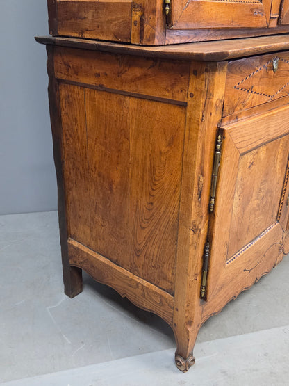 Antique French Elm Deux Corps Buffet Cabinet With Inlay and Fitted Interior