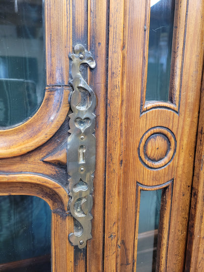 Antique French Provincial 18th c. Pine Deux Corps Pine Buffet with Glass Doors