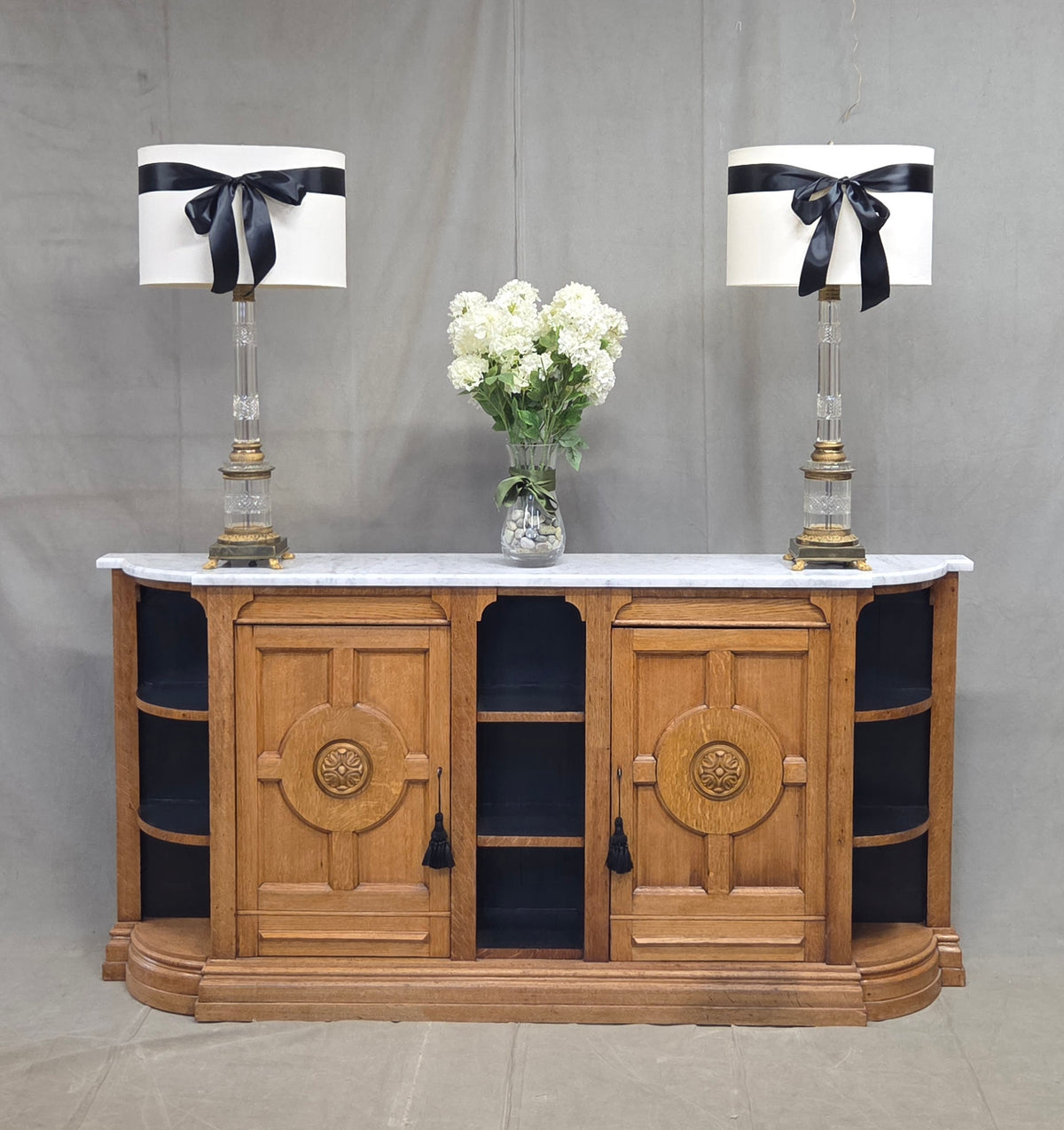 Antique Early 1900s Oak Console Cabinet With Doors, Shelves and a Marble Top
