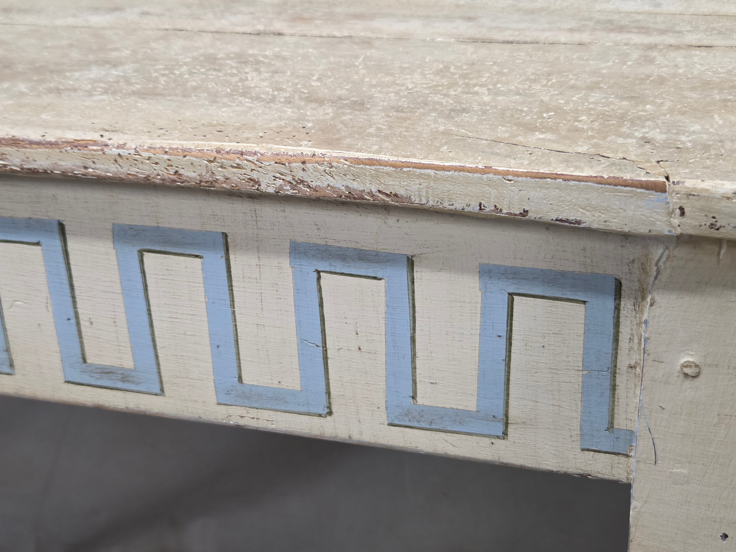 Antique French Rustic Painted Pine Console Table with Greek Key Motif
