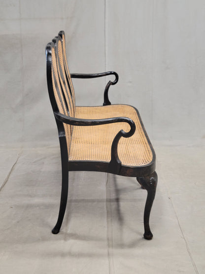 Antique 19th Century English Chinoiserie Lacquer and Cane Chair Back Settee