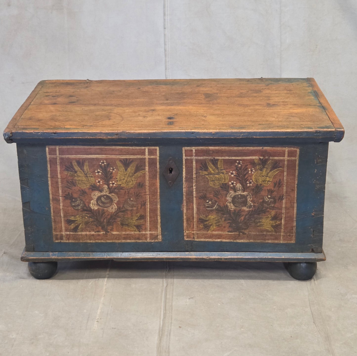 Antique 19th Century German or Austrian Original Blue Painted Pine Blanket Chest