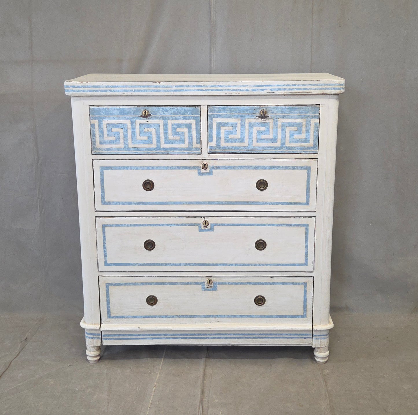 Antique English Pine Painted Dresser Chest of Drawers With Greek Key Motif