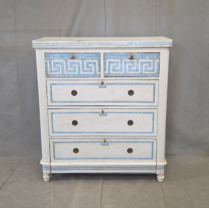 Antique English Pine Painted Dresser Chest of Drawers With Greek Key Motif