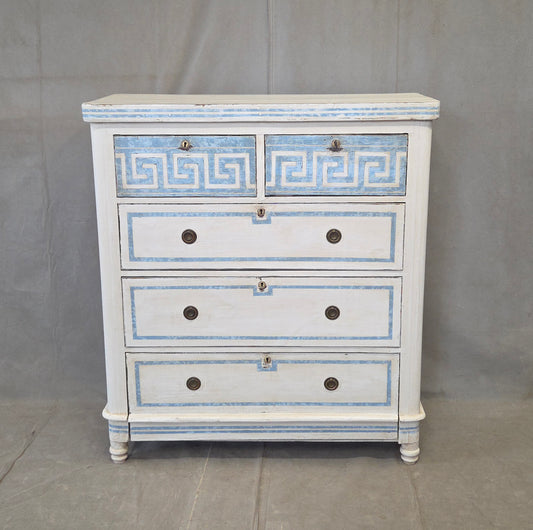 Antique English Pine Painted Dresser Chest of Drawers With Greek Key Motif