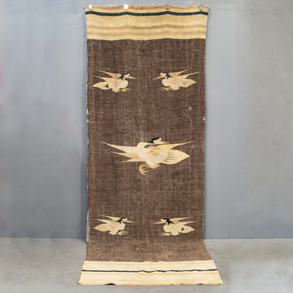 Antique Mongolian Handwoven Wool Blanket with Cranes