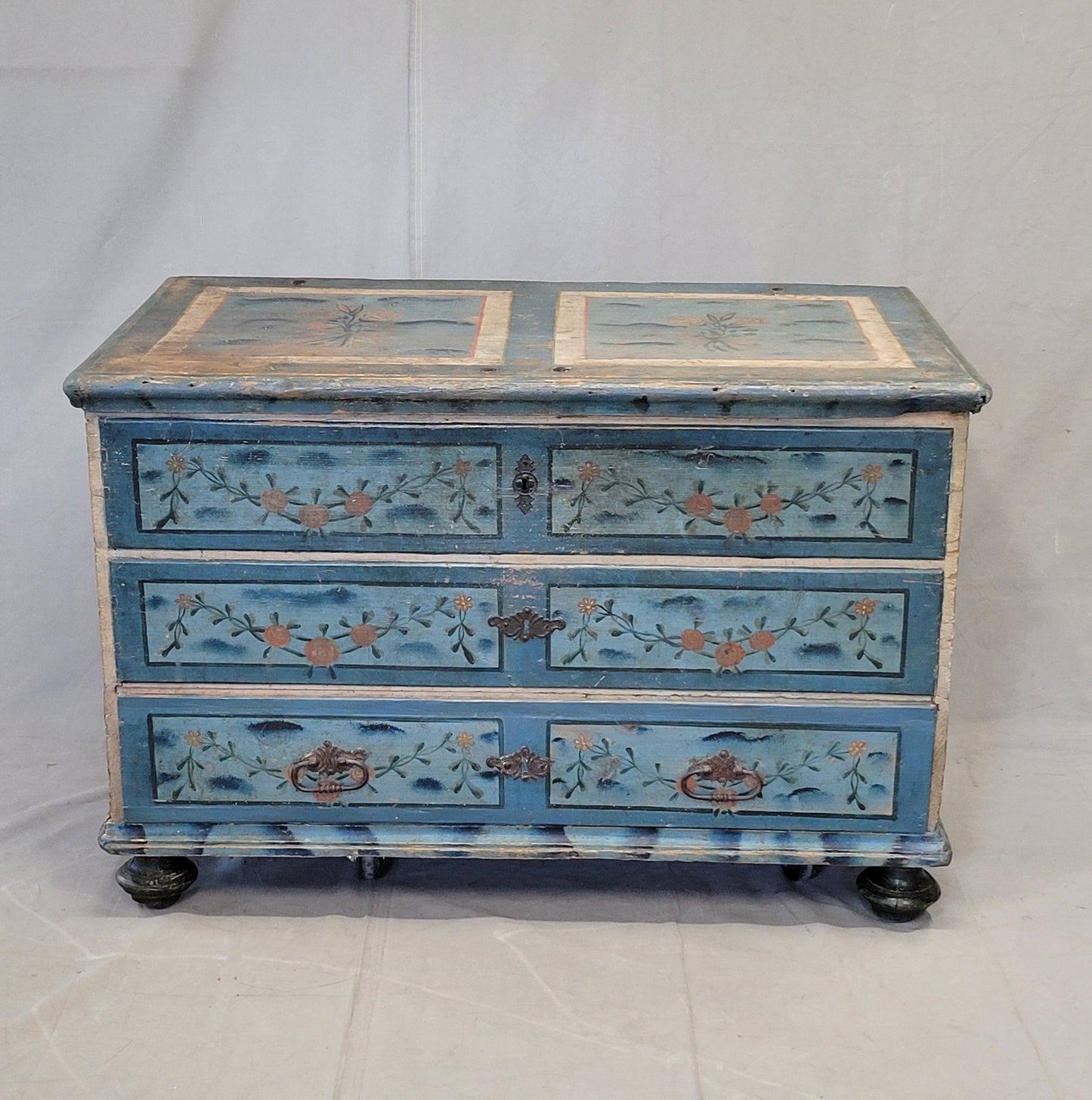 Antique 19th Century Scandinavian Blanket Chest With Drawer and Original Blue Paint