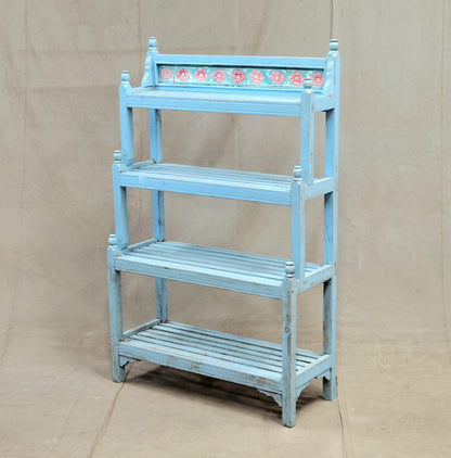 Vintage Indian Painted Bookshelf with Floral Tile
