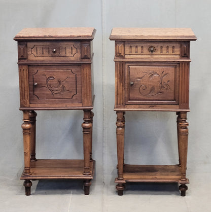 Antique French or Belgian Walnut Nightstands With Italian Marble - A Near Pair