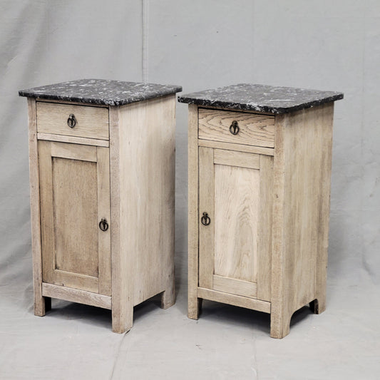 Antique English Bleached Oak Nightstands With Black Marble Tops - a Near Pair