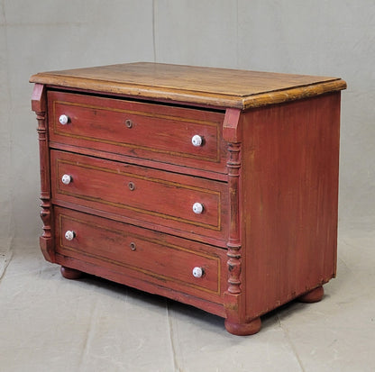 Antique European Pine Dresser With Red Distressed Paint and French Line Motif