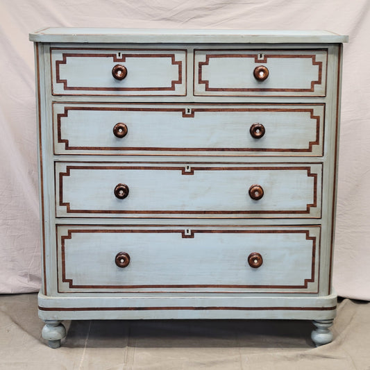 Antique English Blue Painted Dresser With Mahogany Pulls Inset With Mother-of-Pearl