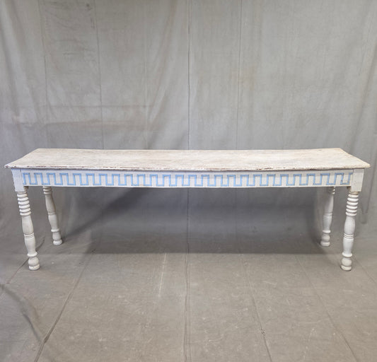 Antique French Rustic Painted Pine Console Table with Greek Key Motif