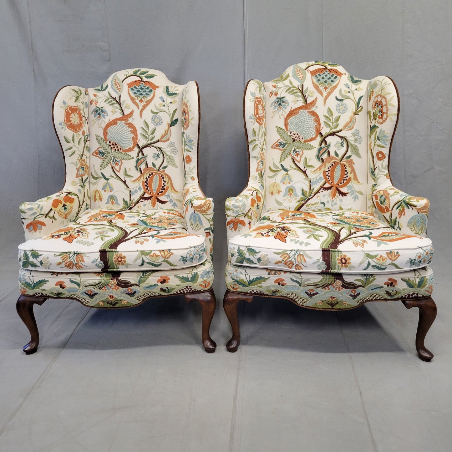 Vintage Woodmark Mary Webb Wood "Tree of Life" Wingback Chairs - a Pair