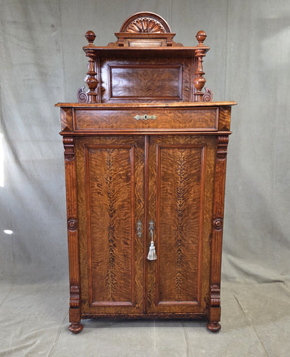 Antique 19th Century German Wilhelmenian Flame Birch Vertical Buffet Sideboard