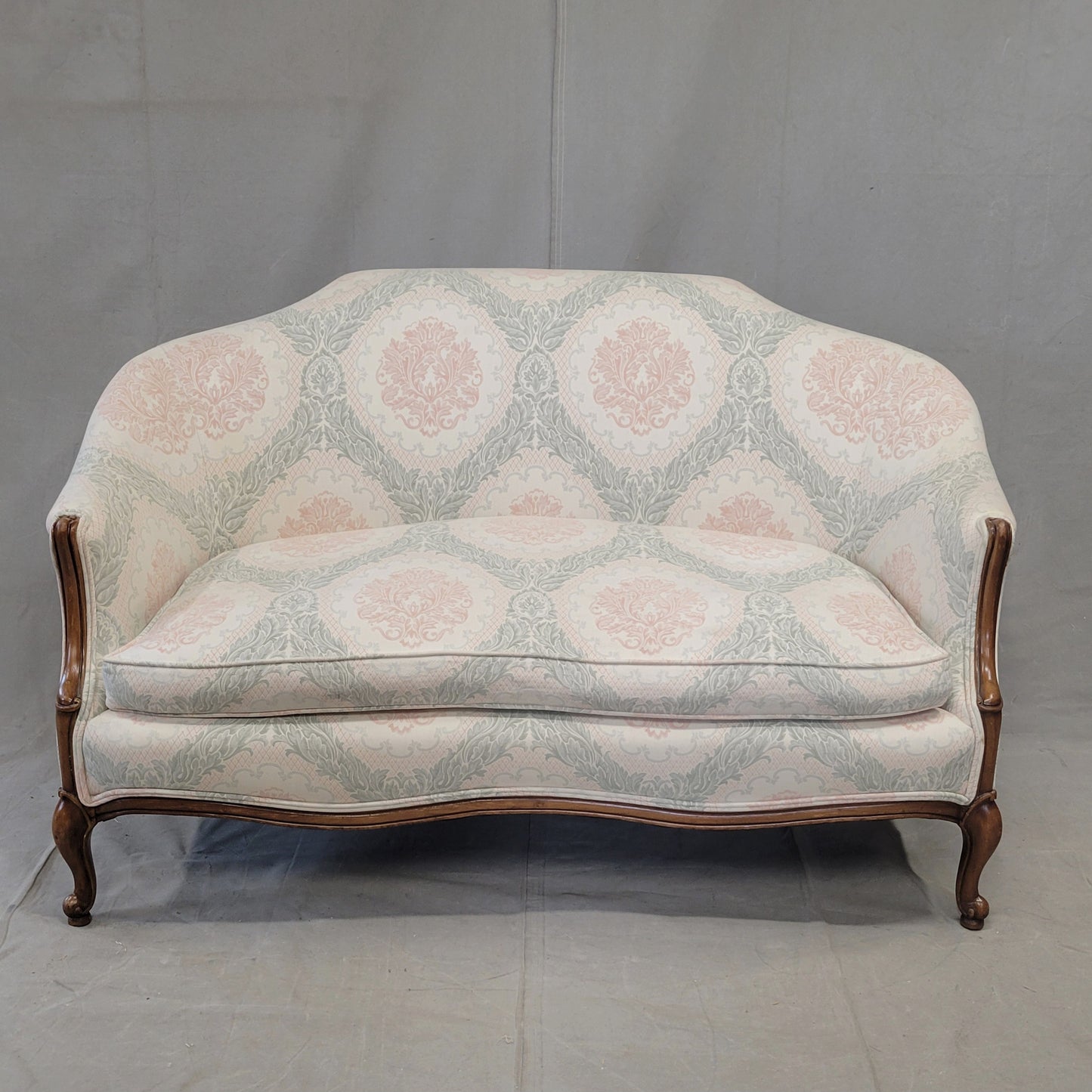 Vintage Damask French Style Camelback Loveseat With Down Cushion and Blush / Sage Upholstery