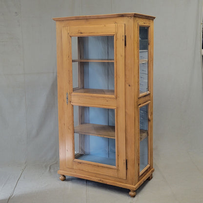 Antique German Pine Display Cabinet With Painted Blue Interior