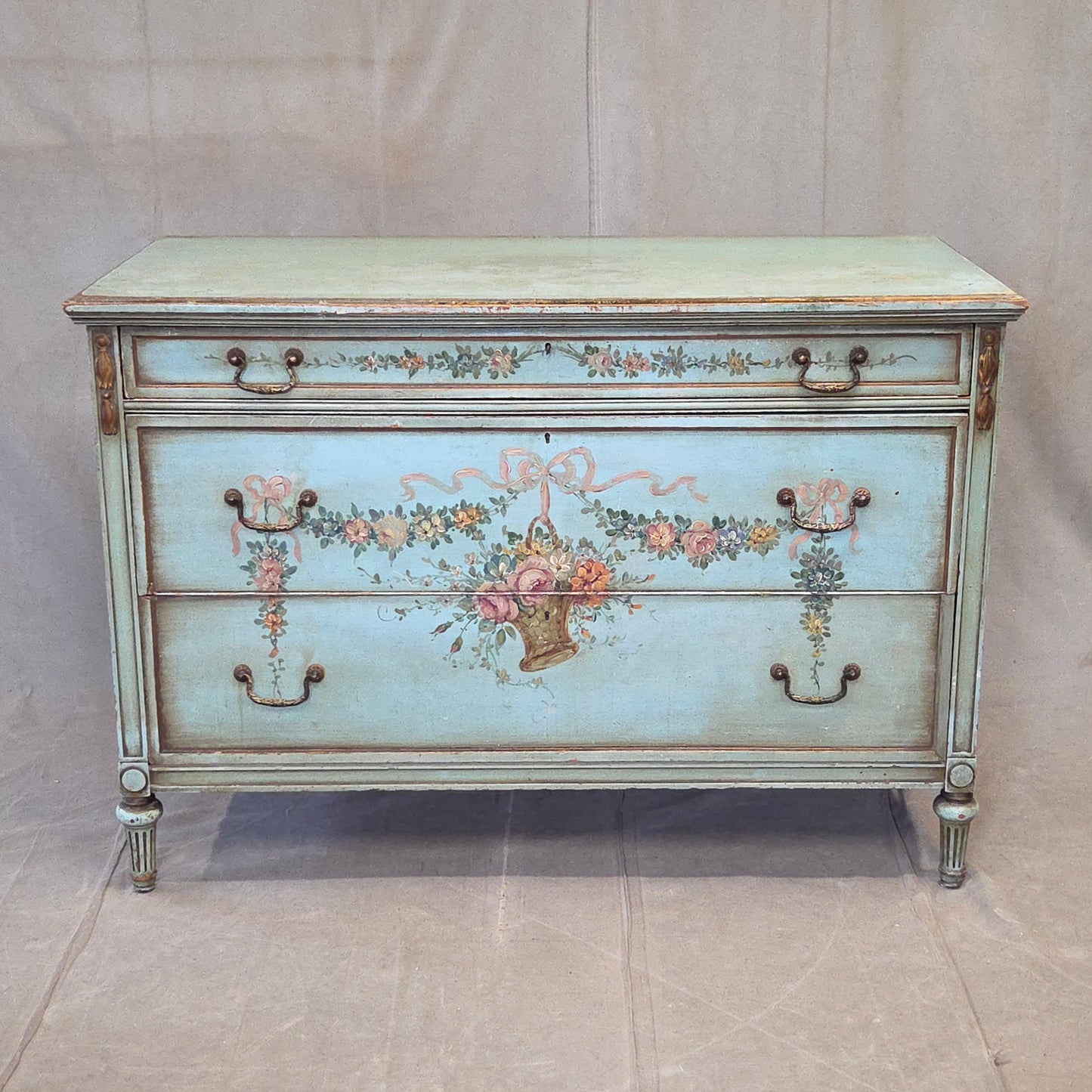 Antique French Floral Painted Mahogany Dresser with Matching Mirror