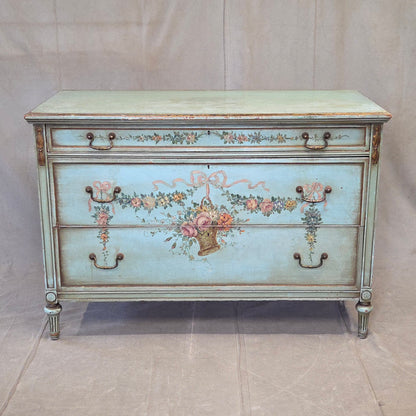 Antique French Floral Painted Mahogany Dresser with Matching Mirror