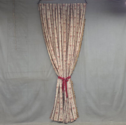 Antique 1920s French Cotton Curtain Panel, Pink and Brown Stripe With Florals