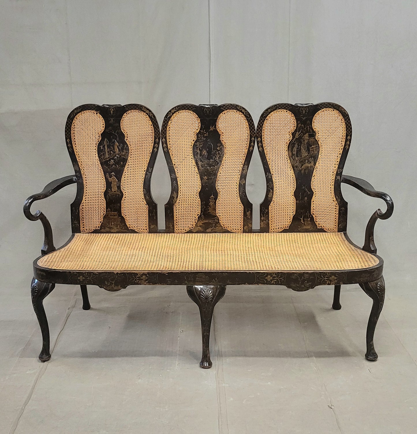 Antique 19th Century English Chinoiserie Lacquer and Cane Chair Back Settee