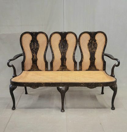 Antique 19th Century English Chinoiserie Lacquer and Cane Chair Back Settee