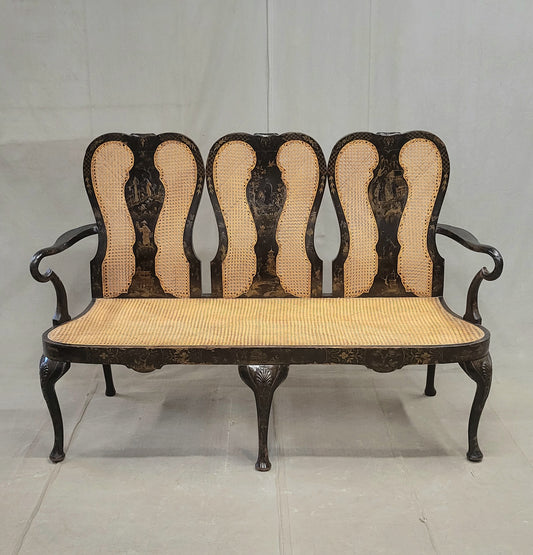 Antique 19th Century English Chinoiserie Lacquer and Cane Chair Back Settee