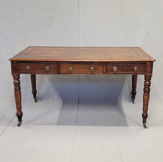 Antique Mid 1800s English Mahogany Partner Desk With Tooled Leather Top