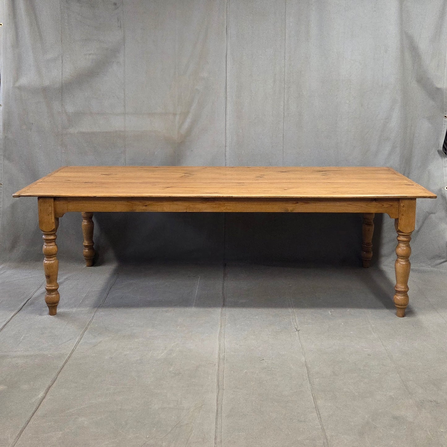Vintage English Pine Rustic Turned Leg 8' Long Dining Farmhouse Table