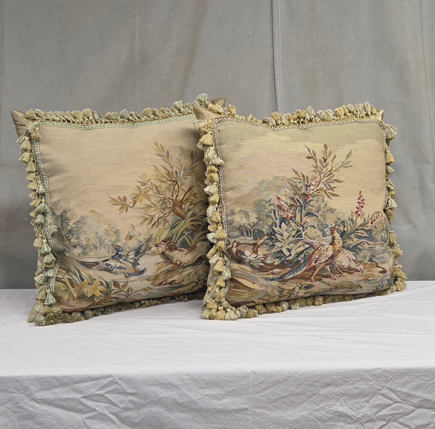 Pair of Antique French Hunt Scene Tapestry Panels Remade Into Down Pillows