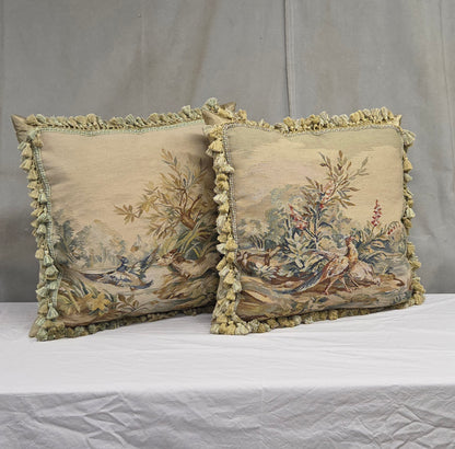 Pair of Antique French Hunt Scene Tapestry Panels Remade Into Down Pillows