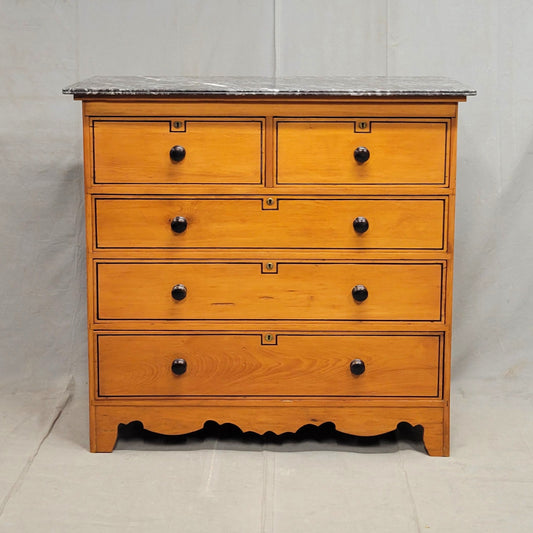 Antique English Pine Dresser With Painted French Line Motif and Marble Top