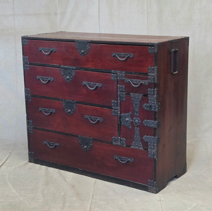 Antique Early 1900s Meiji Period Japanese Pine/Elm Tansu Chest With Iron Hardware