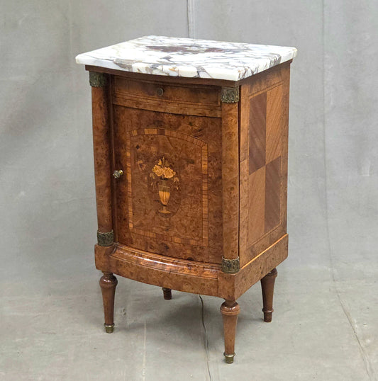 Antique French Art Nouveau Burl Marble Marquetry Nightstand With Bronze Ormolu