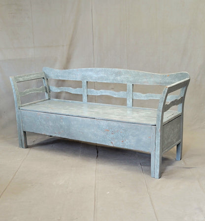 Antique 19th Century Swedish Storage Bench with Blue/Gray Paint and Linen Cushion