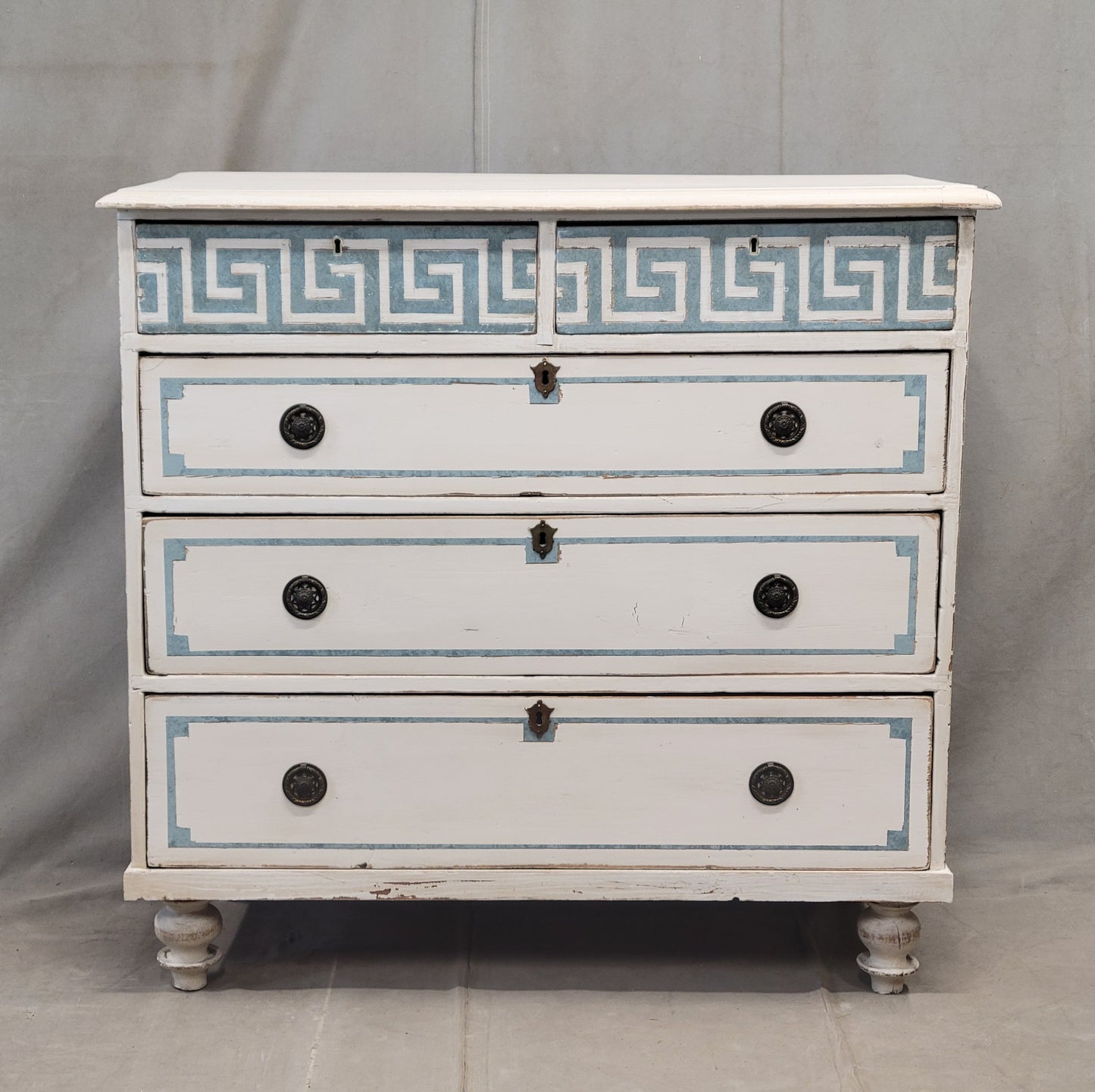 Antique English Pine Painted Dresser Chest of Drawers with Greek Key Motif