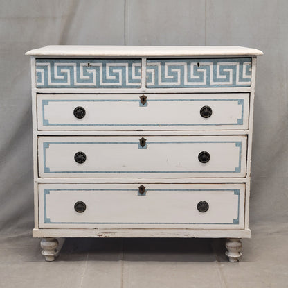 Antique English Pine Painted Dresser Chest of Drawers with Greek Key Motif