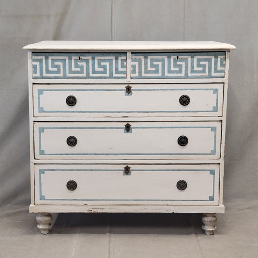 Antique English Pine Painted Dresser Chest of Drawers with Greek Key Motif