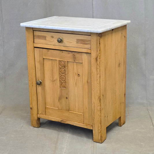 Antique European Pine and Marble Side Table or Nightstand