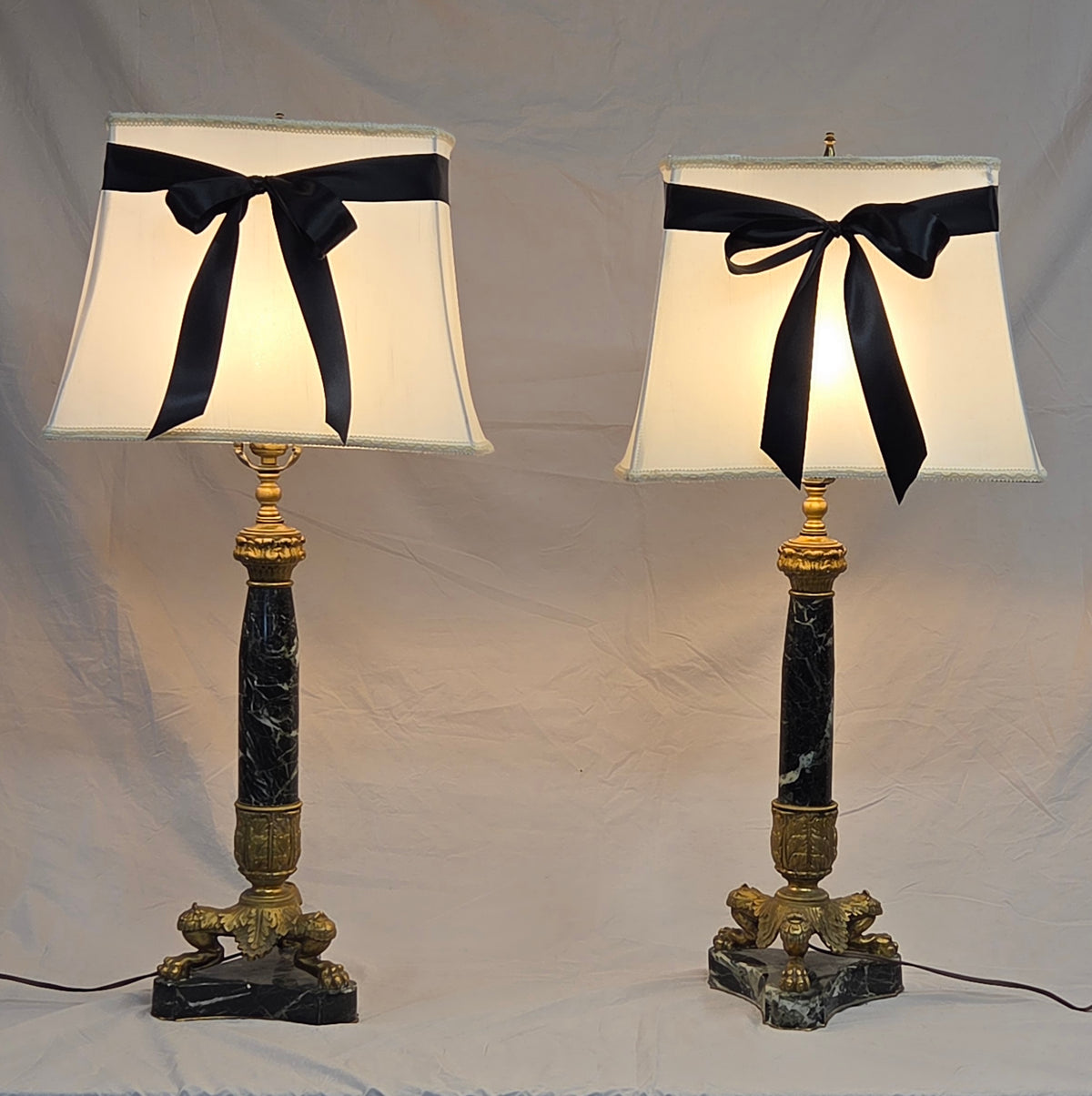 Vintage Pair French Empire Neoclassical Style Marble and Gilt Bronze Table Lamps