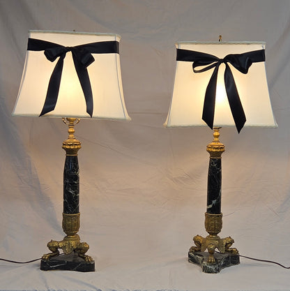 Vintage Pair French Empire Neoclassical Style Marble and Gilt Bronze Table Lamps