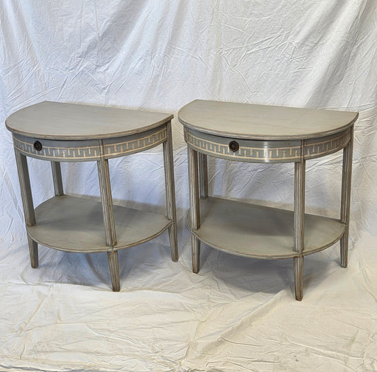 Vintage Pine Gustavian Style Painted Demi-lune Tables - a pair