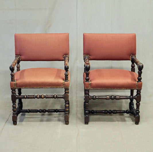 Antique European Renaissance Revival Chairs with Terracotta Linen Upholstery - a pair