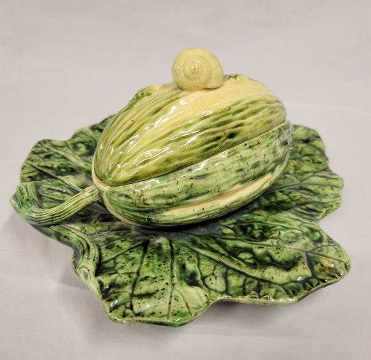 Antique Majolica Melon on Leaf Dish in the Style of Sarreguemines