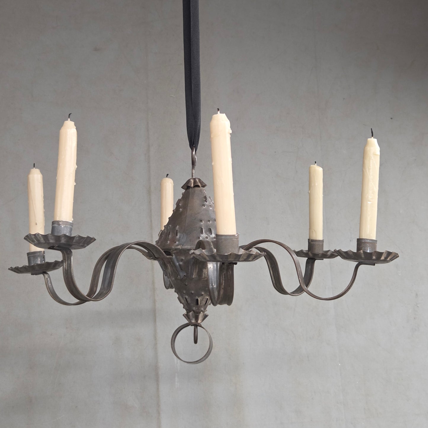 Antique Punched Tin Six-Arm Candle Chandelier, New Mexico, Spanish Colonial style