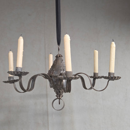 Antique Punched Tin Six-Arm Candle Chandelier, New Mexico, Spanish Colonial style
