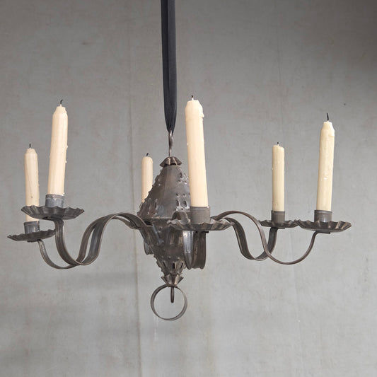Antique Punched Tin Six-Arm Candle Chandelier, New Mexico, Spanish Colonial style