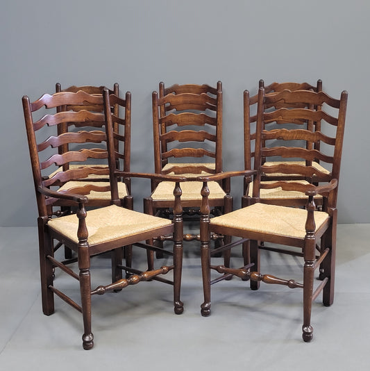 Vintage English Oak Ladderback Chairs With Rush Seats - Set of 8