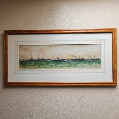 Antique Circa 1900 Gouache Maritime Painting of Steam Ship Fleet, by "Tully"