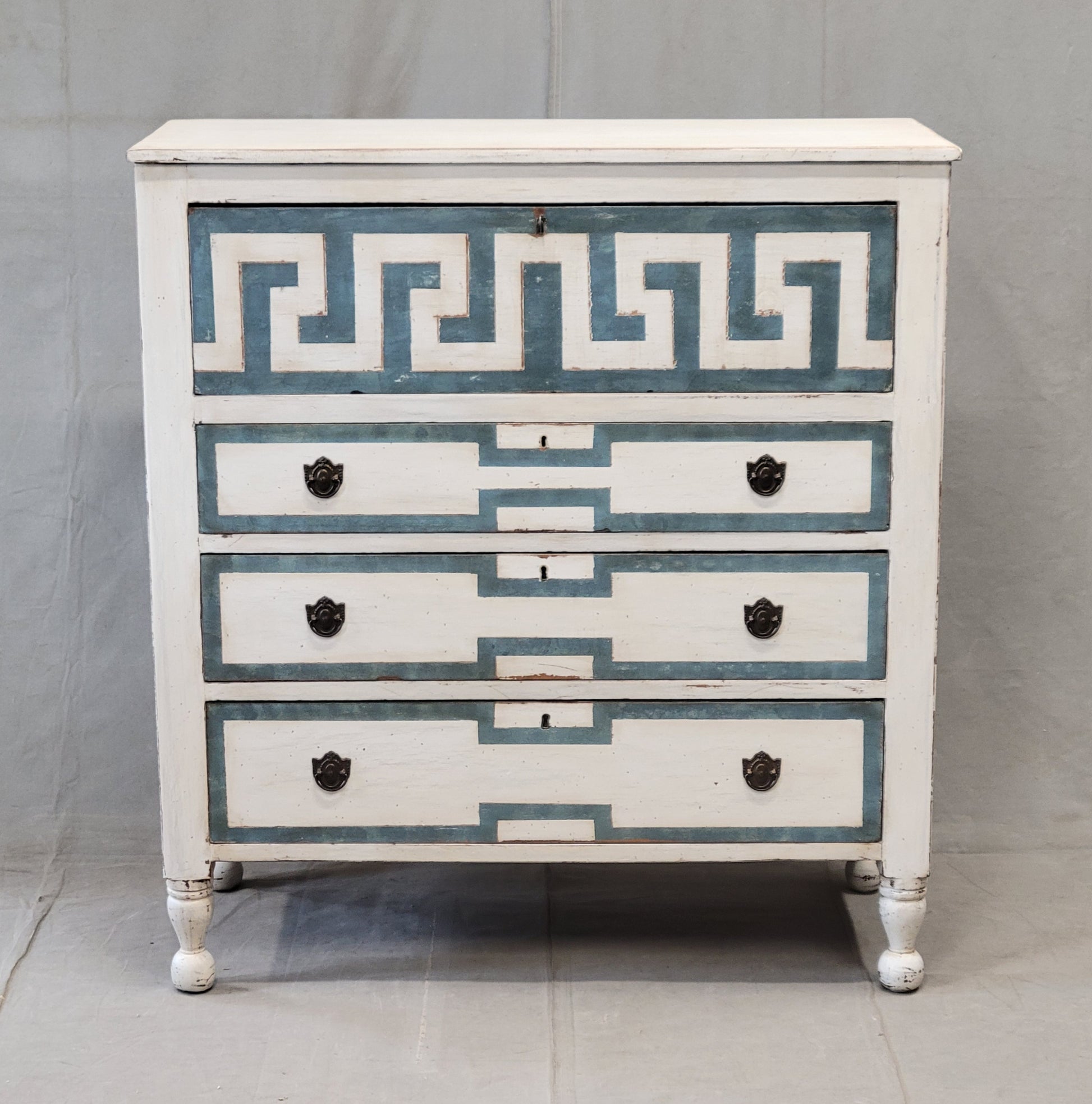 blue and white painted dresser Antique English Painted Dresser Chest of Drawers With Greek Key Motif – Sheptons Antiques